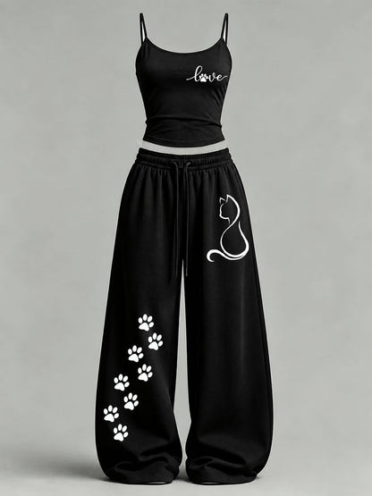 Women's Cute Cat Print Casual Set