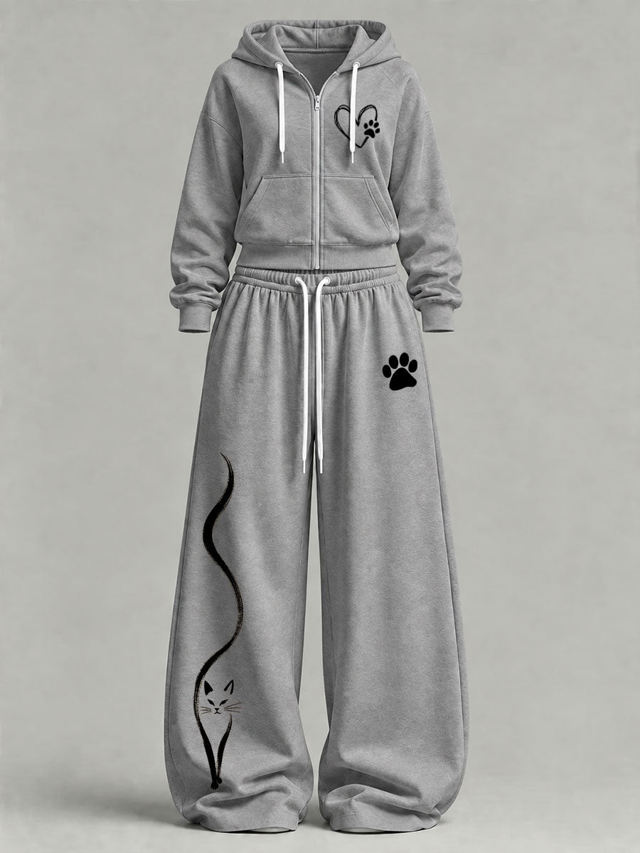 Women's Cute Cat Print Casual Set