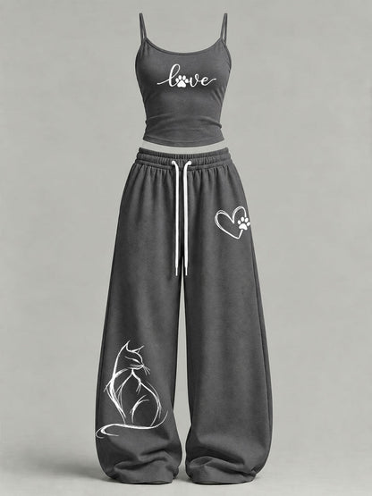 Women's Cute Cat Print Casual Set