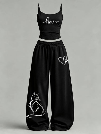 Women's Cute Cat Print Casual Set