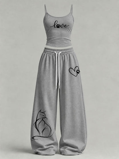 Women's Cute Cat Print Casual Set