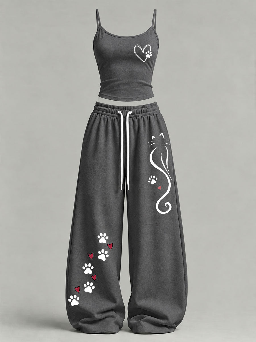 Women's Cute Cat Print Casual Set