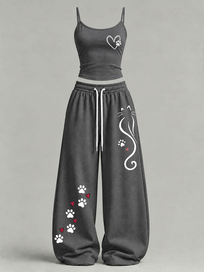 Women's Cute Cat Print Casual Set