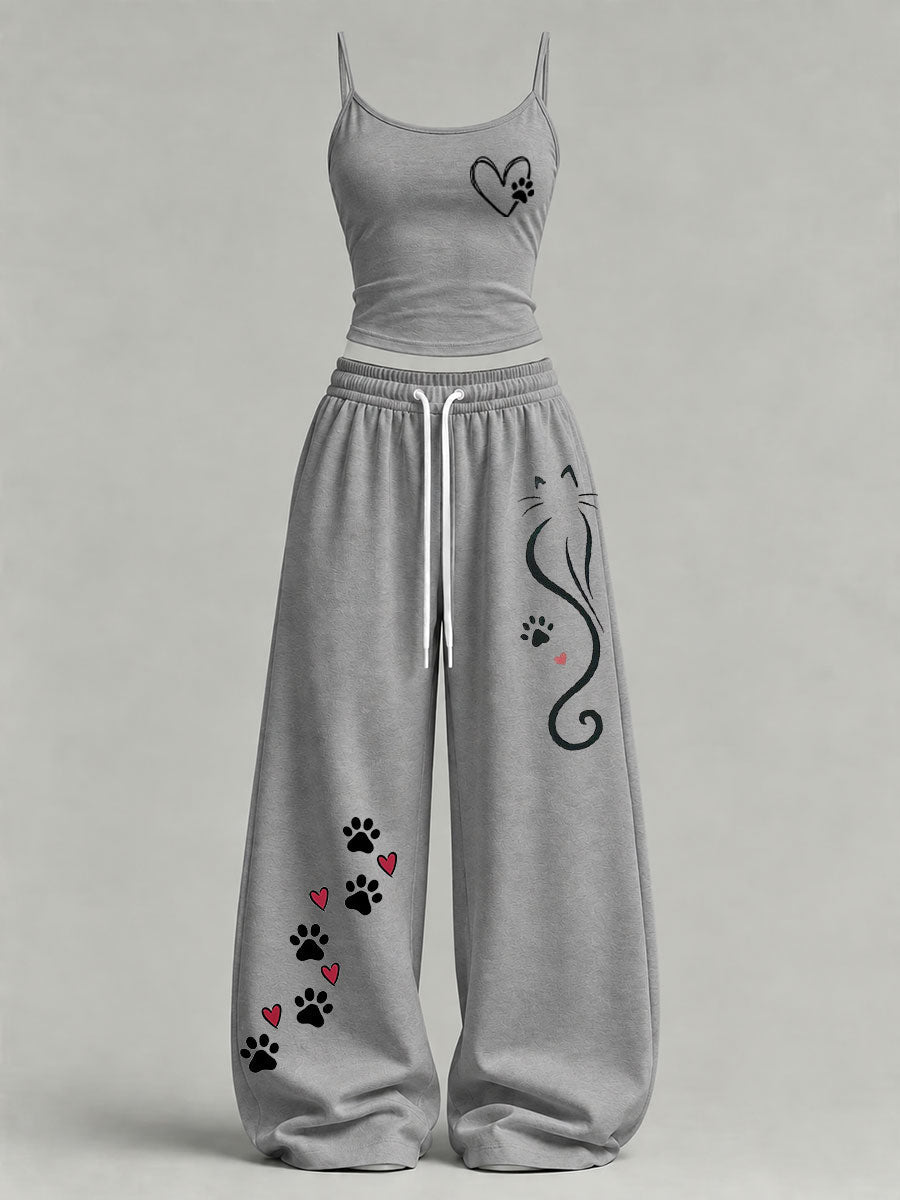 Women's Cute Cat Print Casual Set