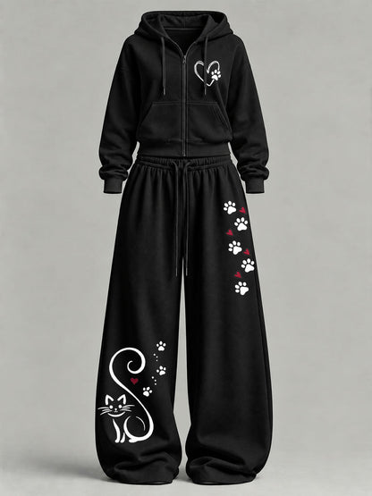 Women's Cute Cat Print Casual Set