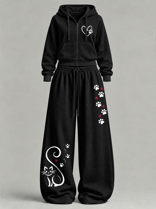 Women's Cute Cat Print Casual Set