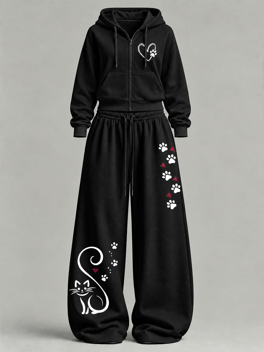 Women's Cute Cat Print Casual Set