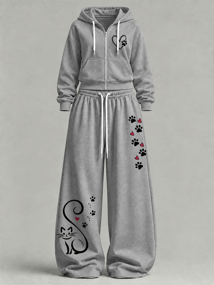 Women's Cute Cat Print Casual Set