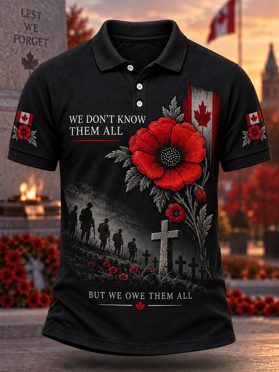 Men's Lest We Forget Canada Remembrance Day Print Polo Shirt