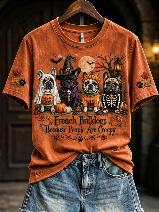 Women's French Because People Are Creepy Fall Halloween Dogs Print short-sleeved T-shirt