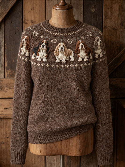 Women's Vintage Basset Hound Dogs Yoke Isle Print crew neck sweater