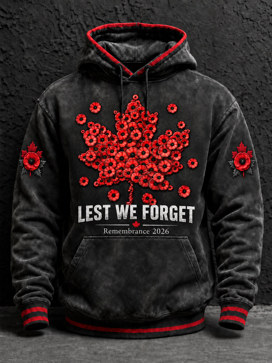 Men's Lest We Forget Canada Remembrance Day Print Oversized Drop-Shoulder Hoodie
