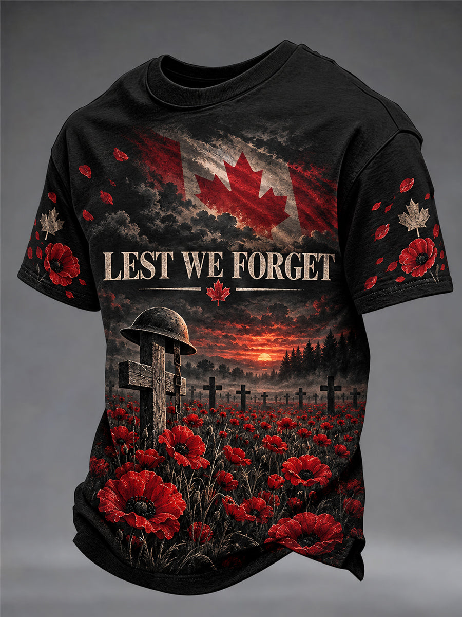 Men's Lest We Forget Canada Remembrance Day Print V-neck Short Sleeve T-shirt