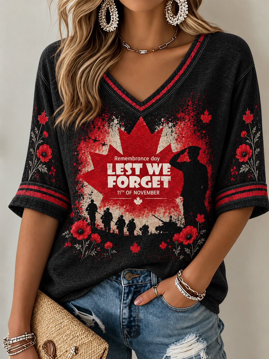 Women's Lest We Forget Canada Remembrance Day Print Mid-length Sleeves V-Neck T-Shirt
