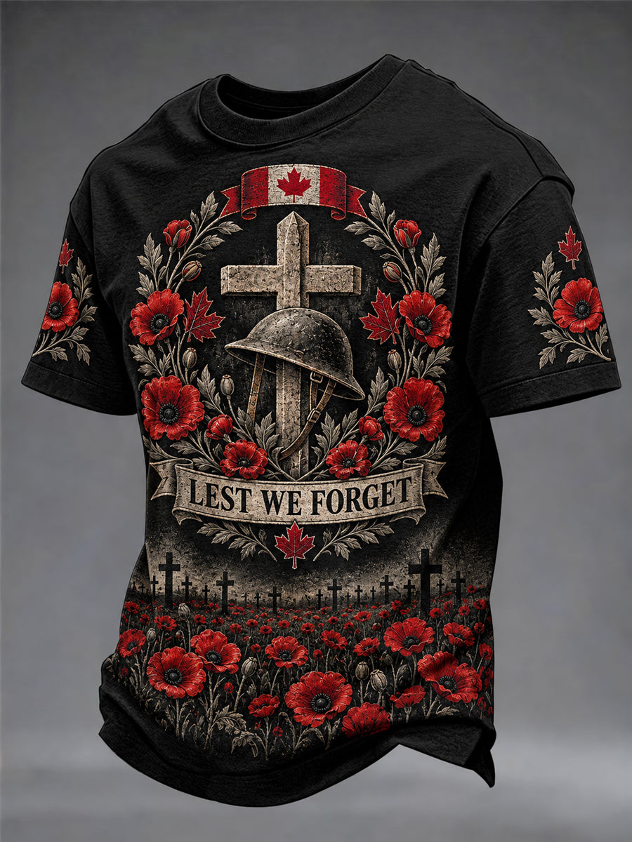 Men's Lest We Forget Canada Remembrance Day Print V-neck Short Sleeve T-shirt