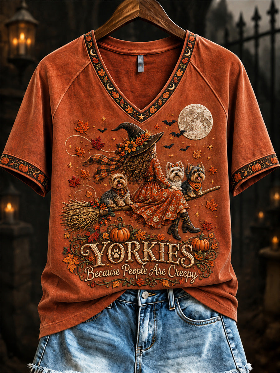 Women's Yorkies Because People Are Creepy Fall Witch & Dogs Print short-sleeved T-shirt