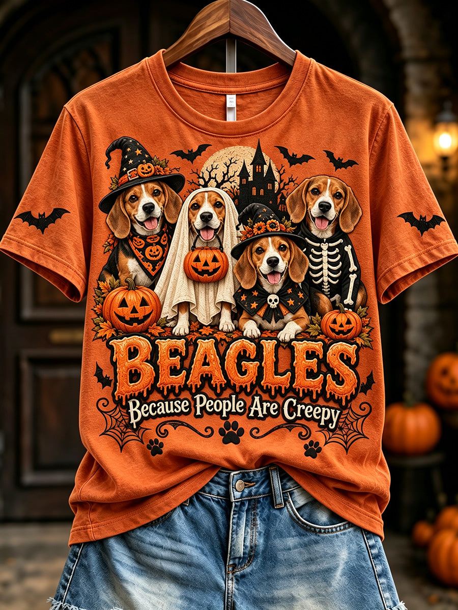 Women's Vintage Beagles Because People Are Creepy Halloween Print Short-sleeved T-shirt