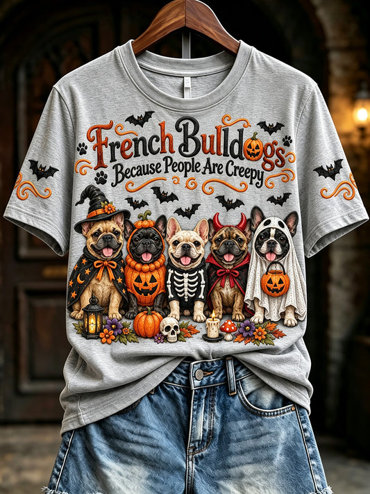 Women's Vintage French Because People Are Creepy Halloween Print Short-sleeved T-shirt