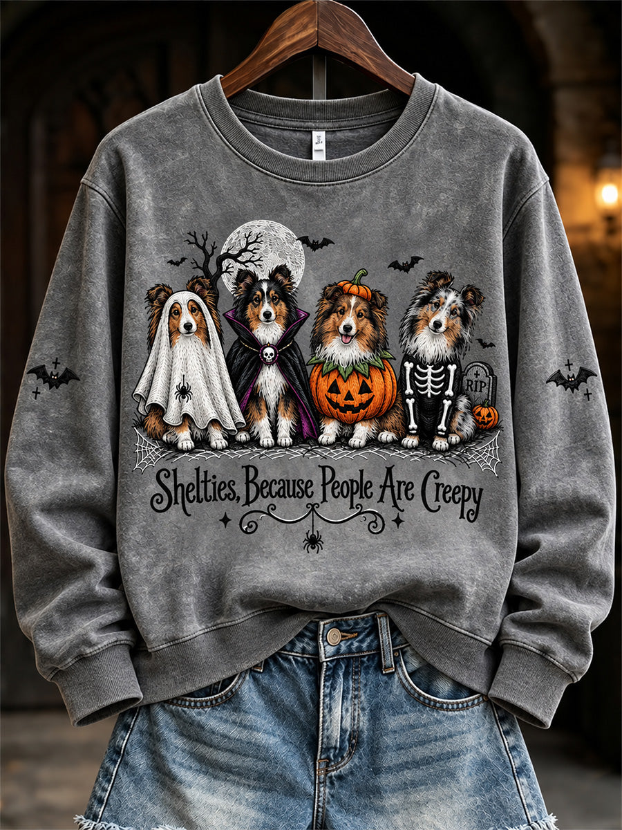 Women's Vintage Shelties Because People Are Creepy Halloween Print Sweatshirt