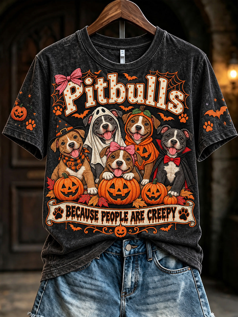 Women's Vintage Pitbulls Because People Are Creepy Halloween Print Short-sleeved T-shirt