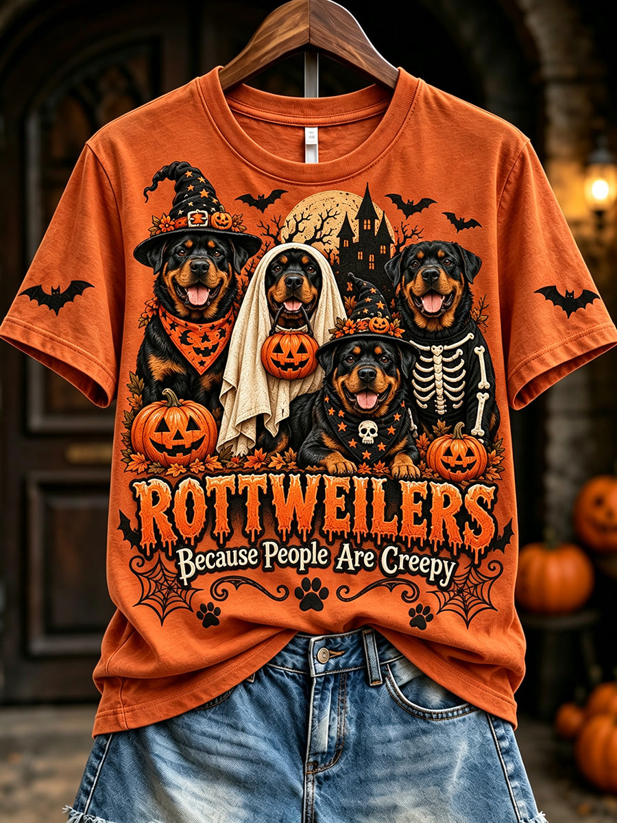 Women's Vintage Rottweilers Because People Are Creepy Halloween Print Short-sleeved T-shirt