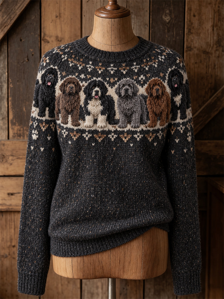 Women's Vintage Newfoundland Dogs Yoke Isle Print crew neck sweater