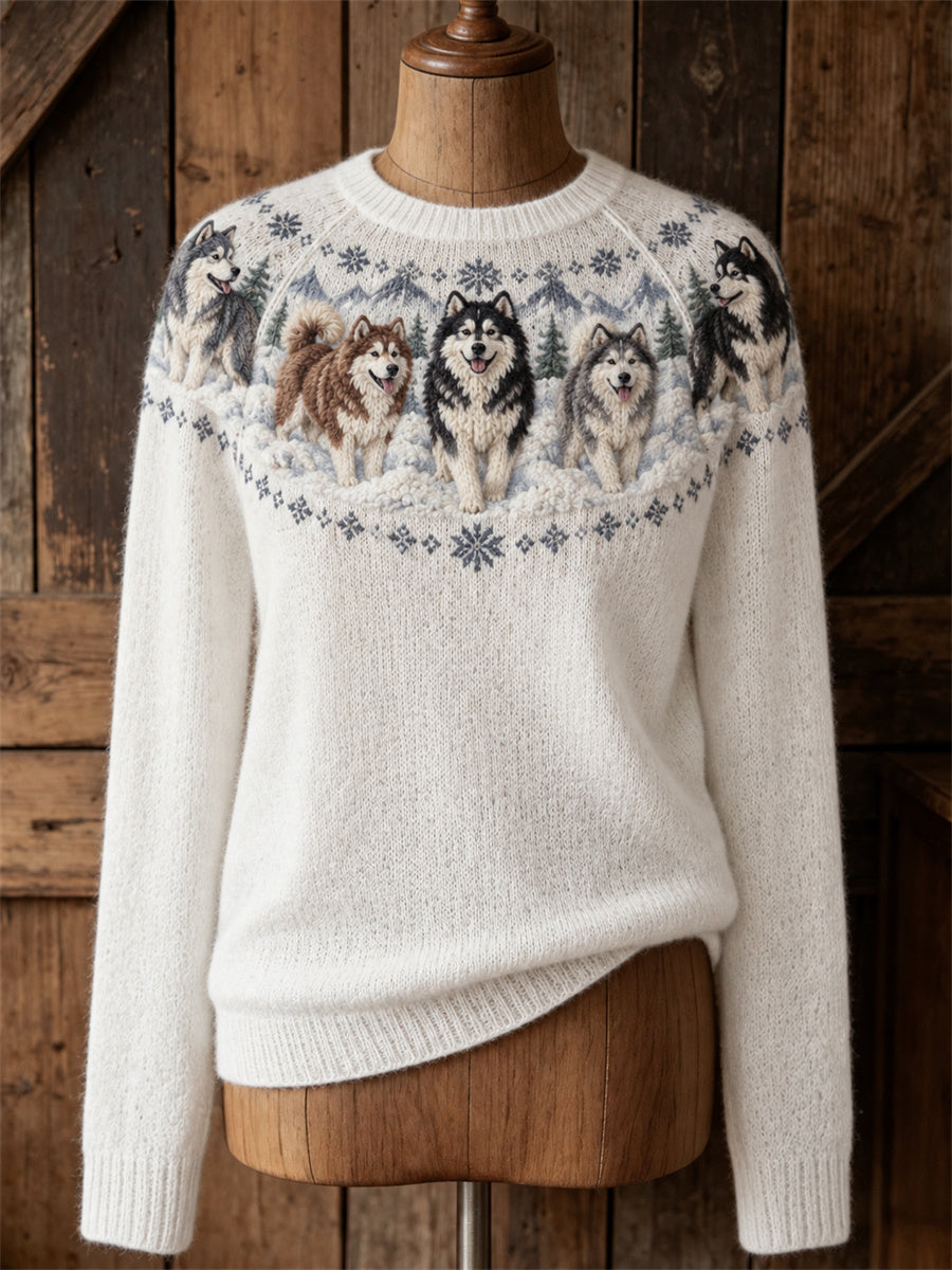 Women's Vintage Alaskan Dogs Yoke Isle Print crew neck sweater