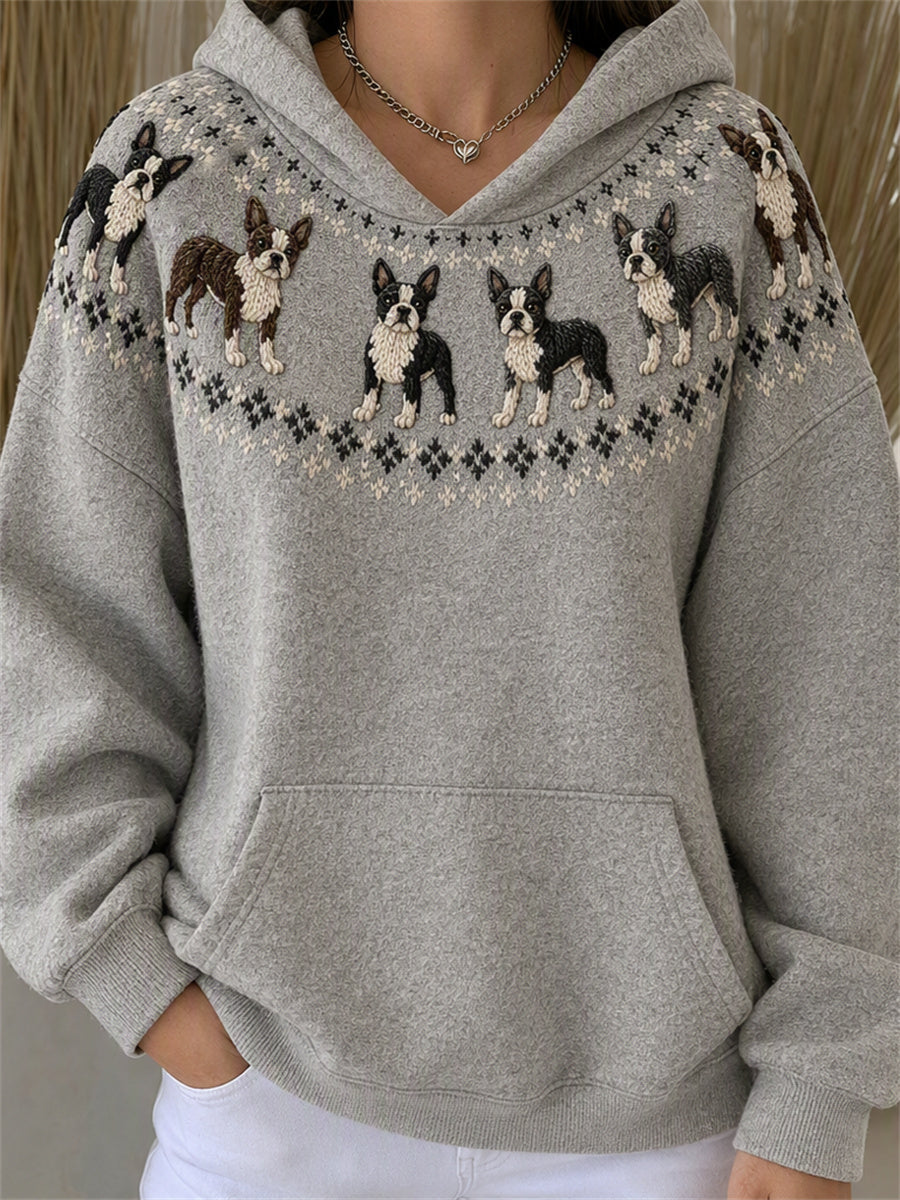 Women's Vintage Boston Terrier Dogs Yoke Isle Print Hoodie
