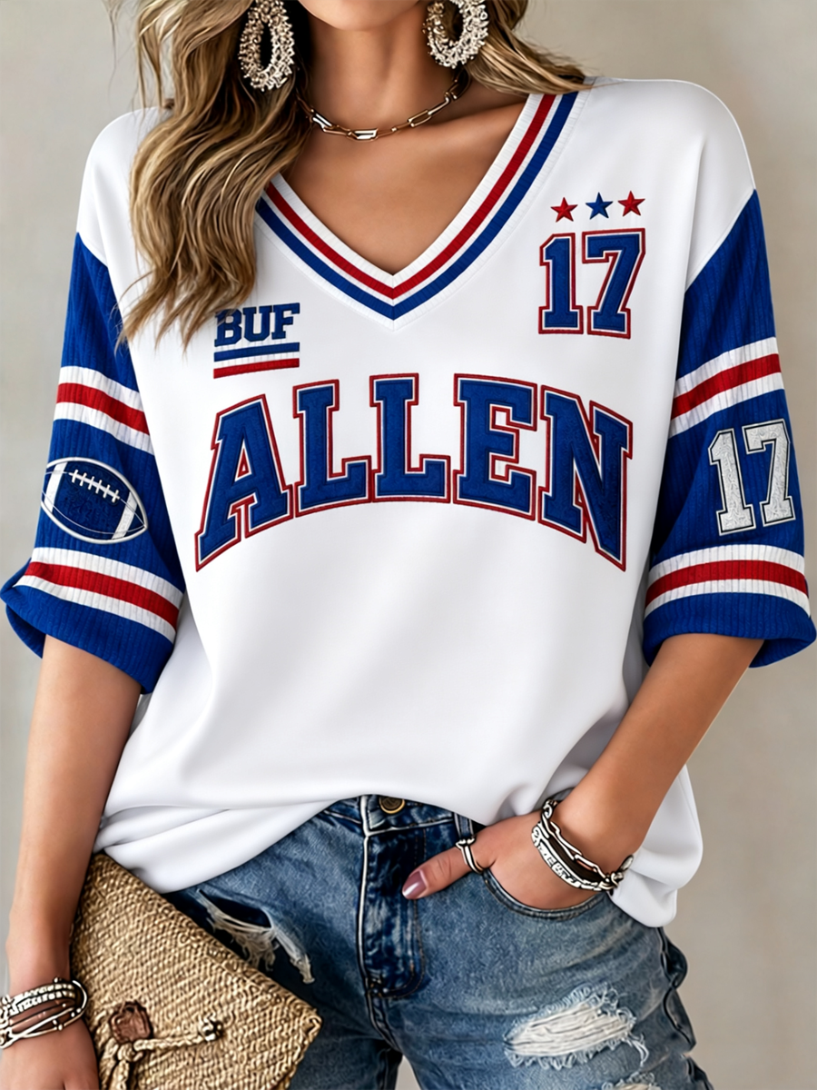 Women's Football Lover Bulls Be Good Art Printed Mid-length Sleeves V-Neck T-Shirt