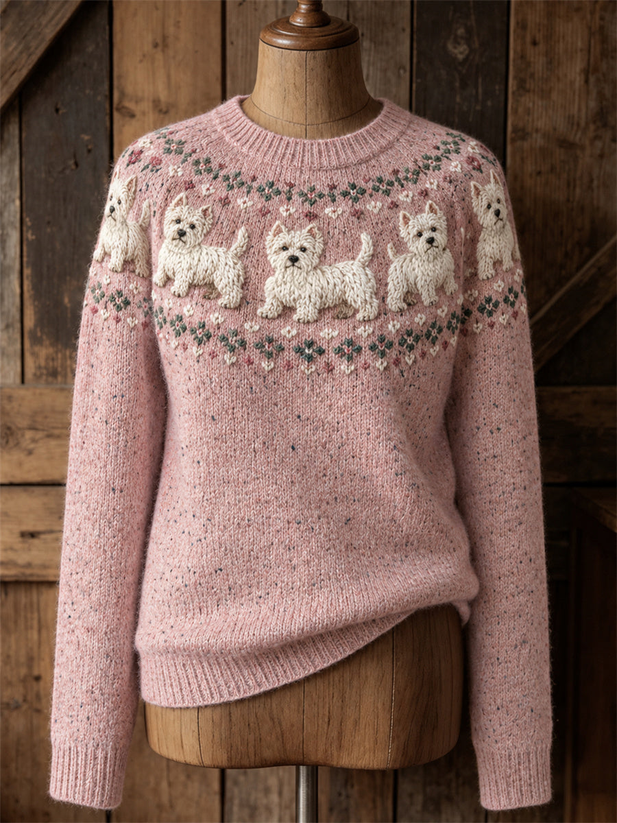 Women's Vintage West Highland White Terrier Dogs Yoke Isle Print crew neck sweater