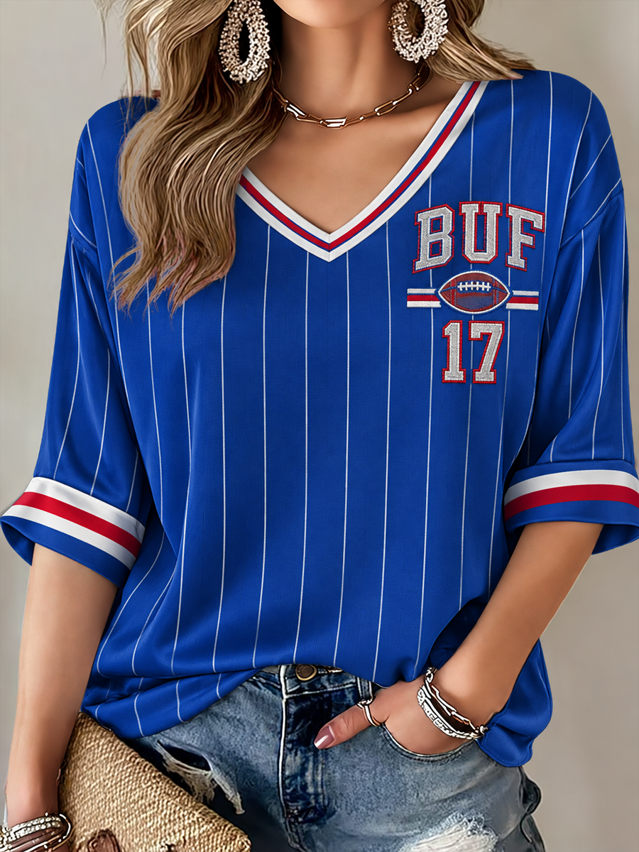 Women's Football Lover Bulls Be Good Art Printed Mid-length Sleeves V-Neck T-Shirt