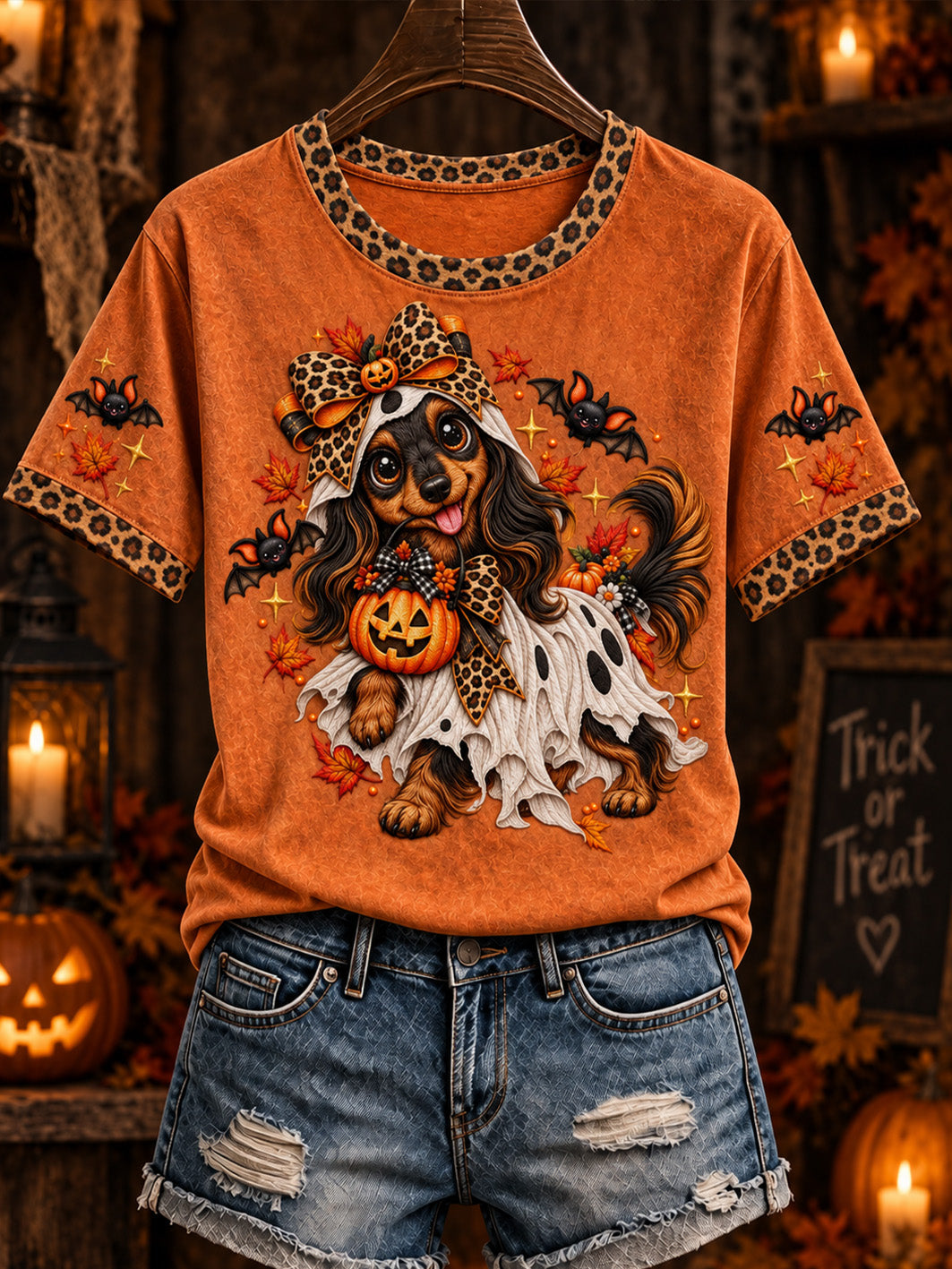 Women's Halloween Costume Dog Pattern Design Casual Short-sleeved T-shirt