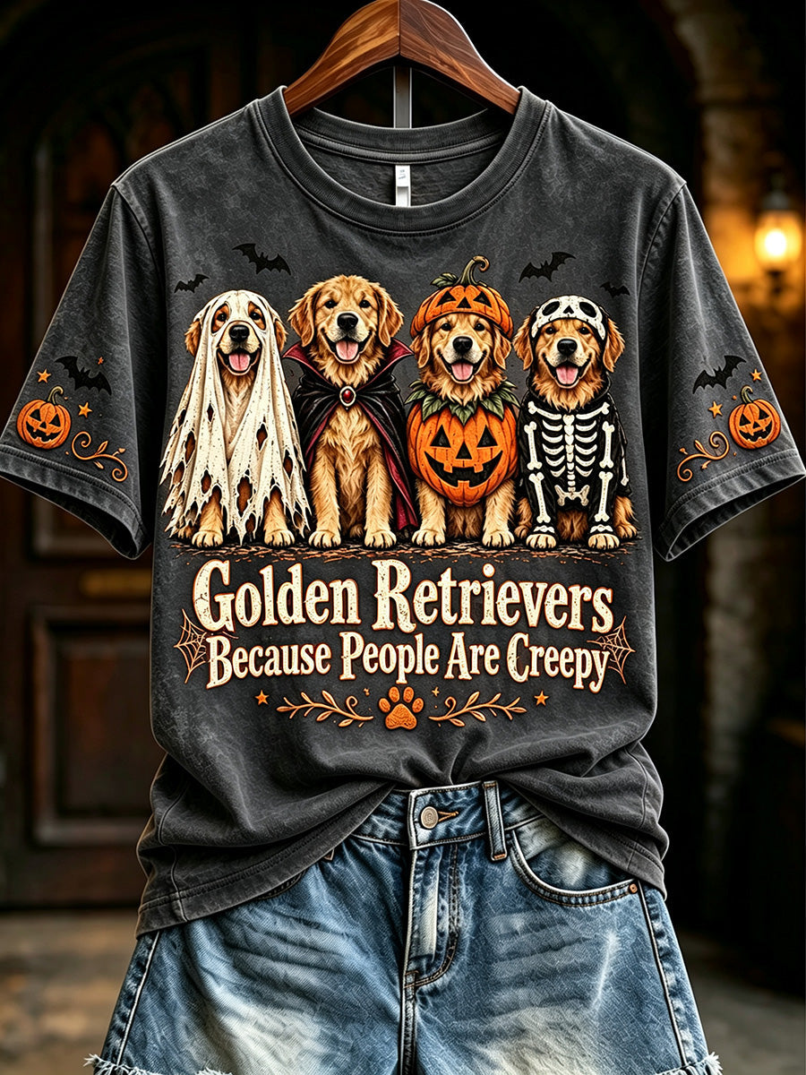 Women's Golden Retrievers Because People Are Creepy Halloween Print Short-sleeved T-shirt