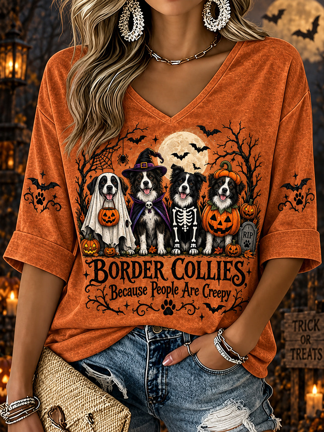 Women's  Halloween Costume Dog Pattern Design Casual Mid-length Sleeves V-Neck T-Shirt