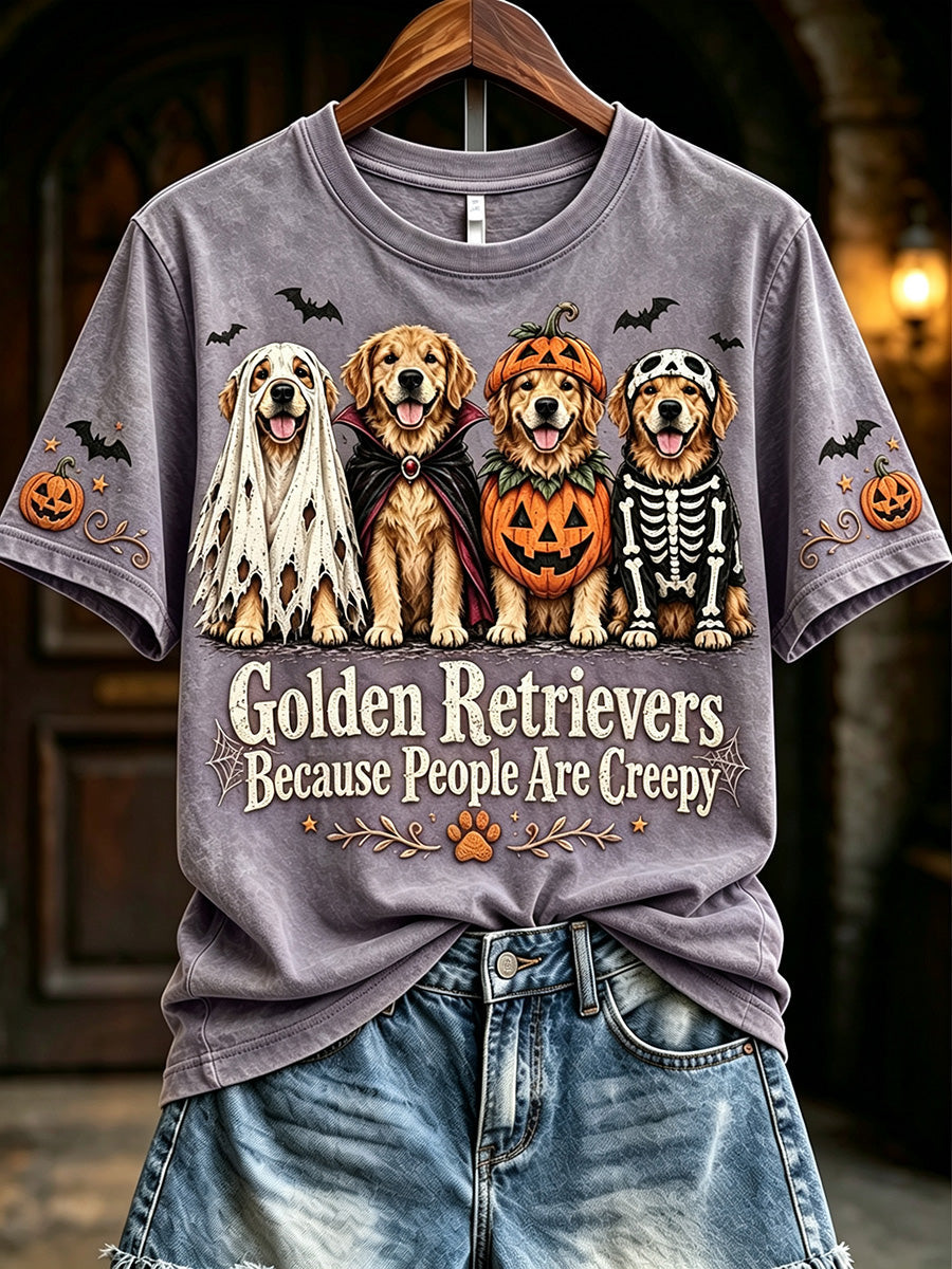 Women's Golden Retrievers Because People Are Creepy Halloween Print Short-sleeved T-shirt