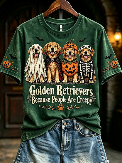 Women's Golden Retrievers Because People Are Creepy Halloween Print Short-sleeved T-shirt