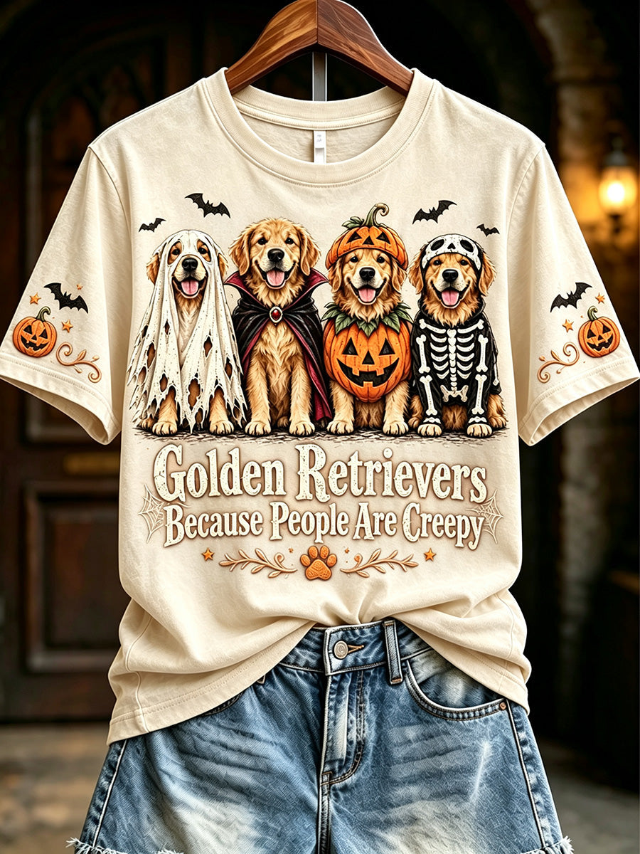 Women's Golden Retrievers Because People Are Creepy Halloween Print Short-sleeved T-shirt