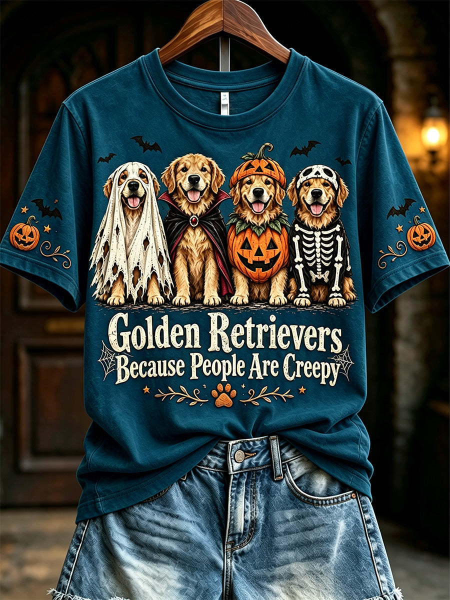 Women's Golden Retrievers Because People Are Creepy Halloween Print Short-sleeved T-shirt