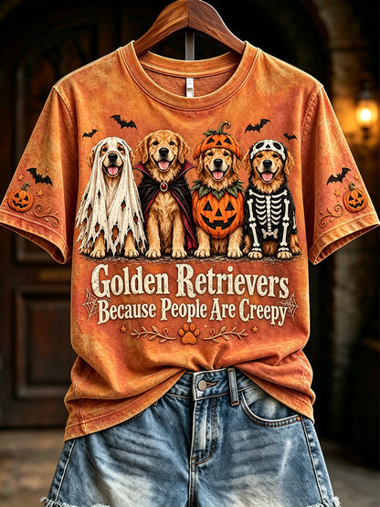 Women's Golden Retrievers Because People Are Creepy Halloween Print Short-sleeved T-shirt