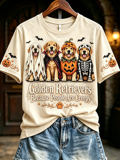 Women's Golden Retrievers Because People Are Creepy Halloween Print Short-sleeved T-shirt