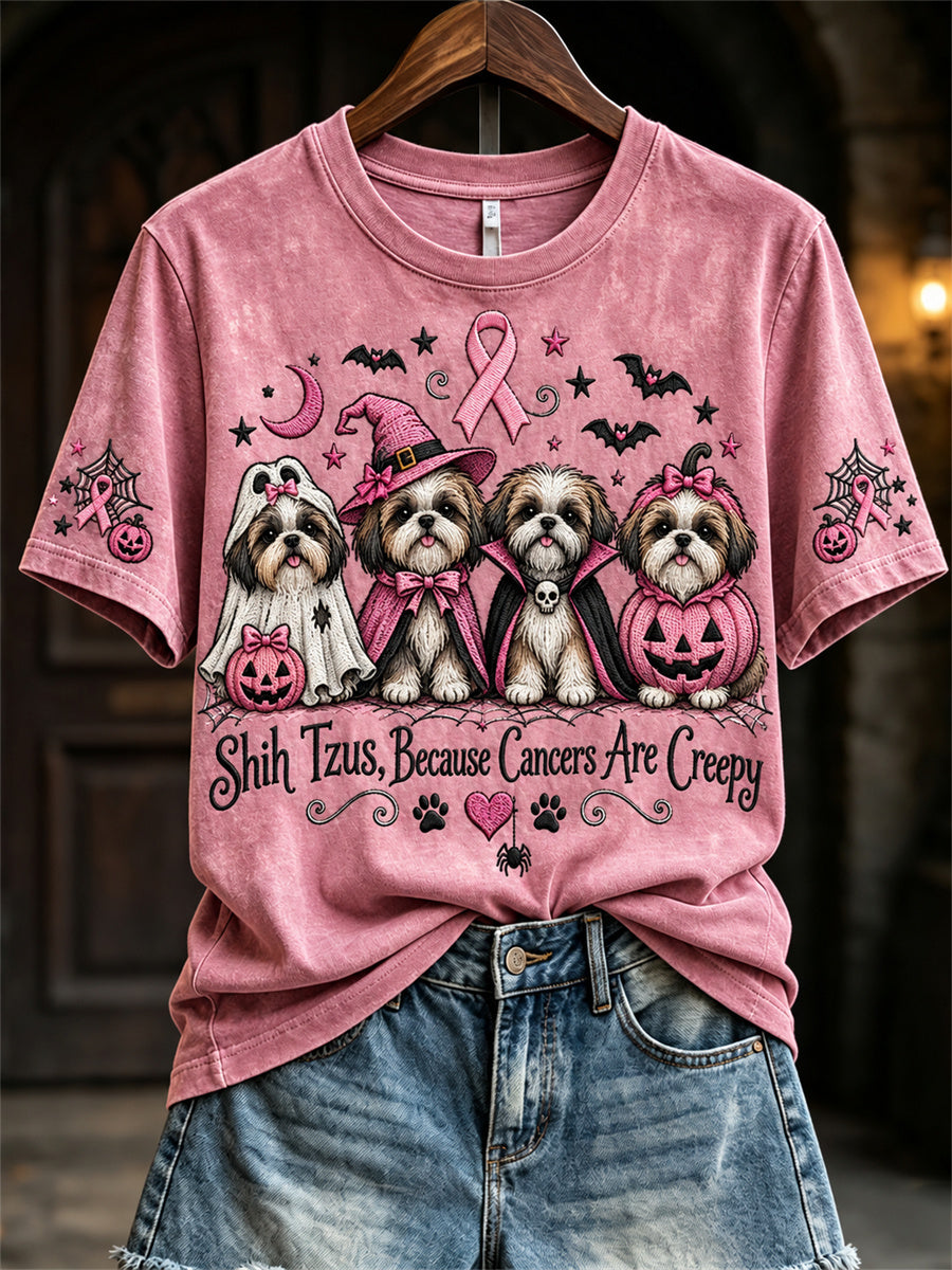 Women's Shih Tzus Because Cancers Are Creepy Halloween Pink Dogs Print short-sleeved T-shirt