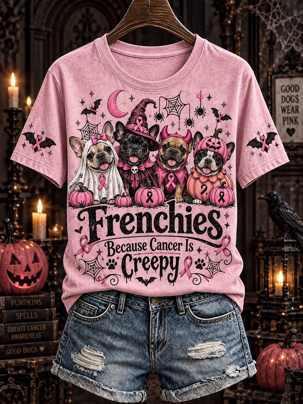 Women's Halloween Costume Dog Pattern and Pink Charity Ribbon Design Casual Short-Sleeve T-Shirt