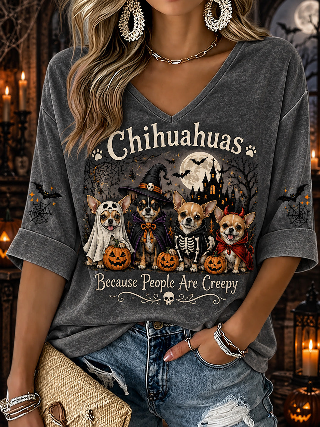Women's  Halloween Costume Dog Pattern Design Casual Mid-length Sleeves V-Neck T-Shirt