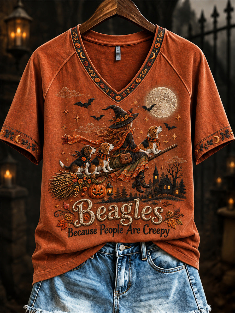 Women's Beagles Because People Are Creepy Fall Witch & Dogs Print short-sleeved T-shirt