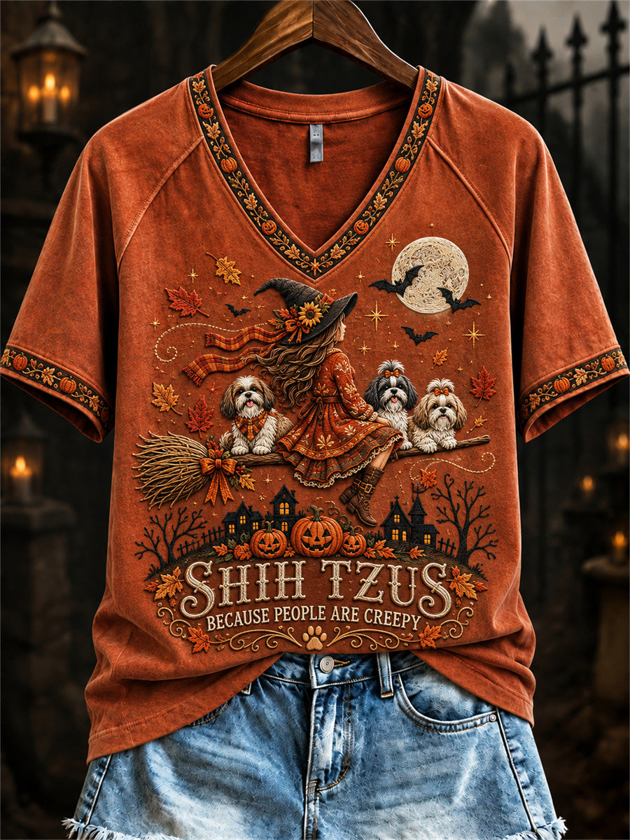Women's Shih Tzus Because People Are Creepy Fall Witch & Dogs Print short-sleeved T-shirt