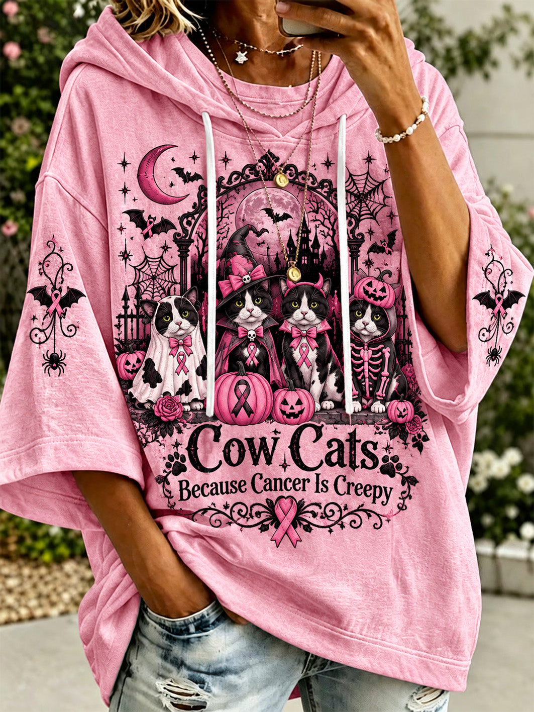 Women’s Halloween Costume Cat And Pink Public Welfare Ribbon Pattern Design Casual Hoodie
