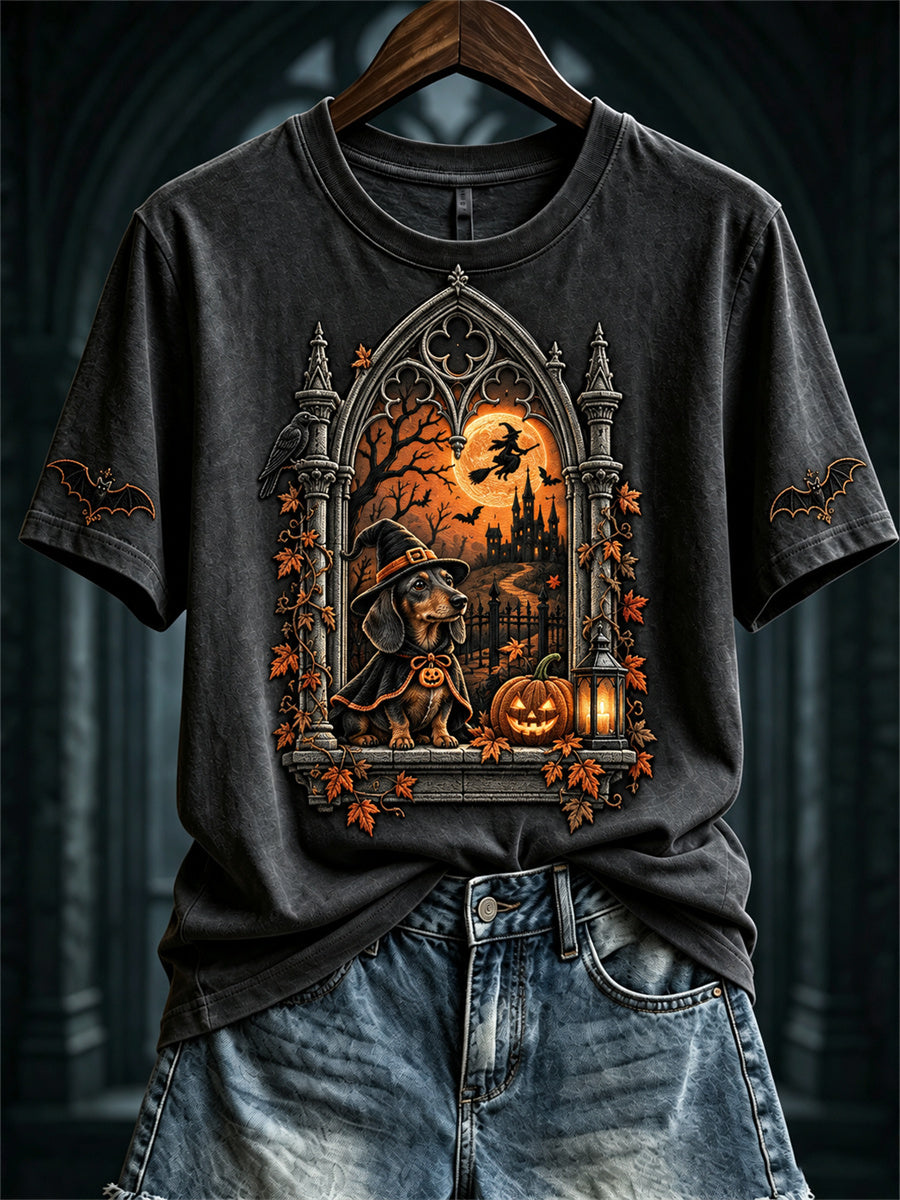 Women's Fall Halloween Dachshund Dog Gothic Window Print short-sleeved T-shirt