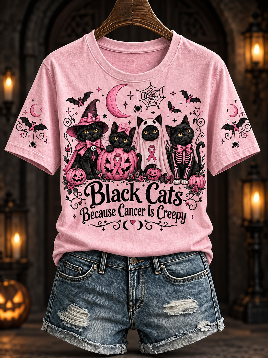 Women's Halloween Costume Cat Pattern and Pink Charity Ribbon Design Casual Short-Sleeve T-Shirt