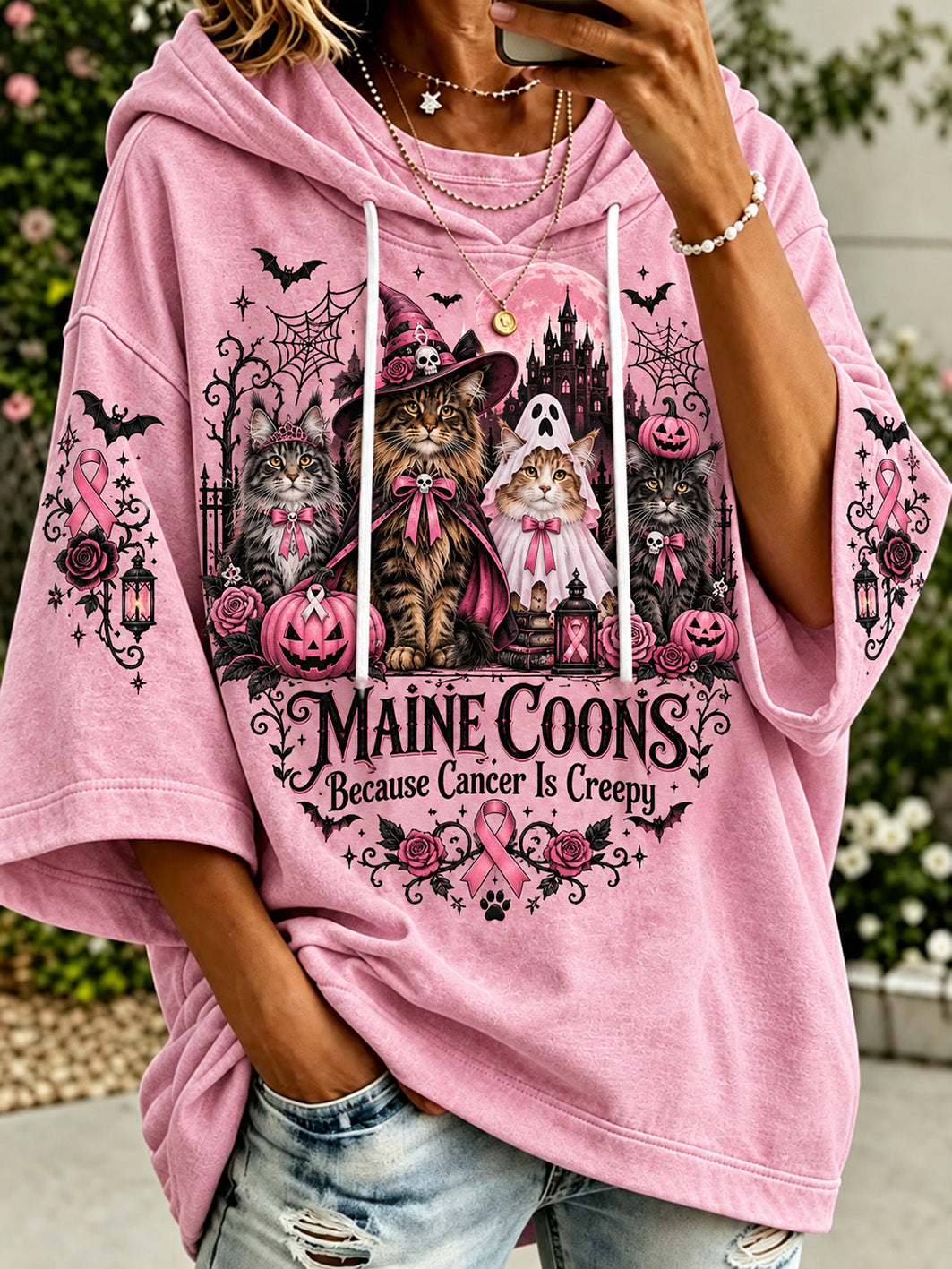 Women’s Halloween Costume Cat And Pink Public Welfare Ribbon Pattern Design Casual Hoodie