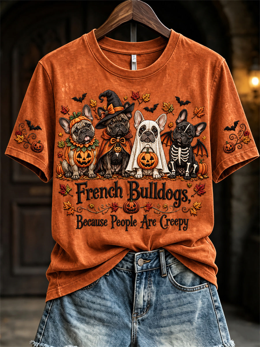 Women's French Because People Are Creepy Fall Halloween Dogs Print short-sleeved T-shirt